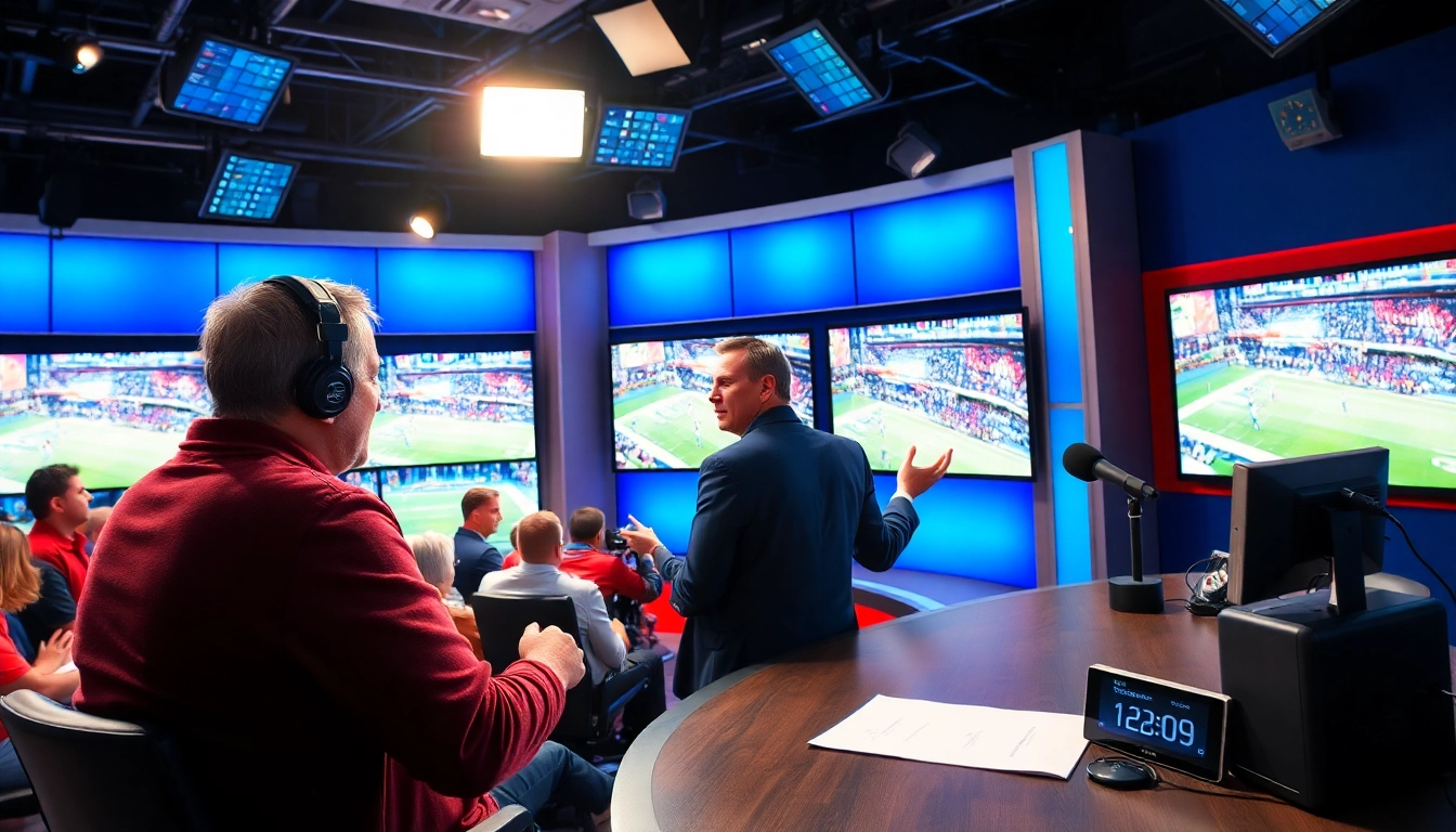 Engaging sports broadcasting studio with a dynamic anchor presenting live sports broadcasting.