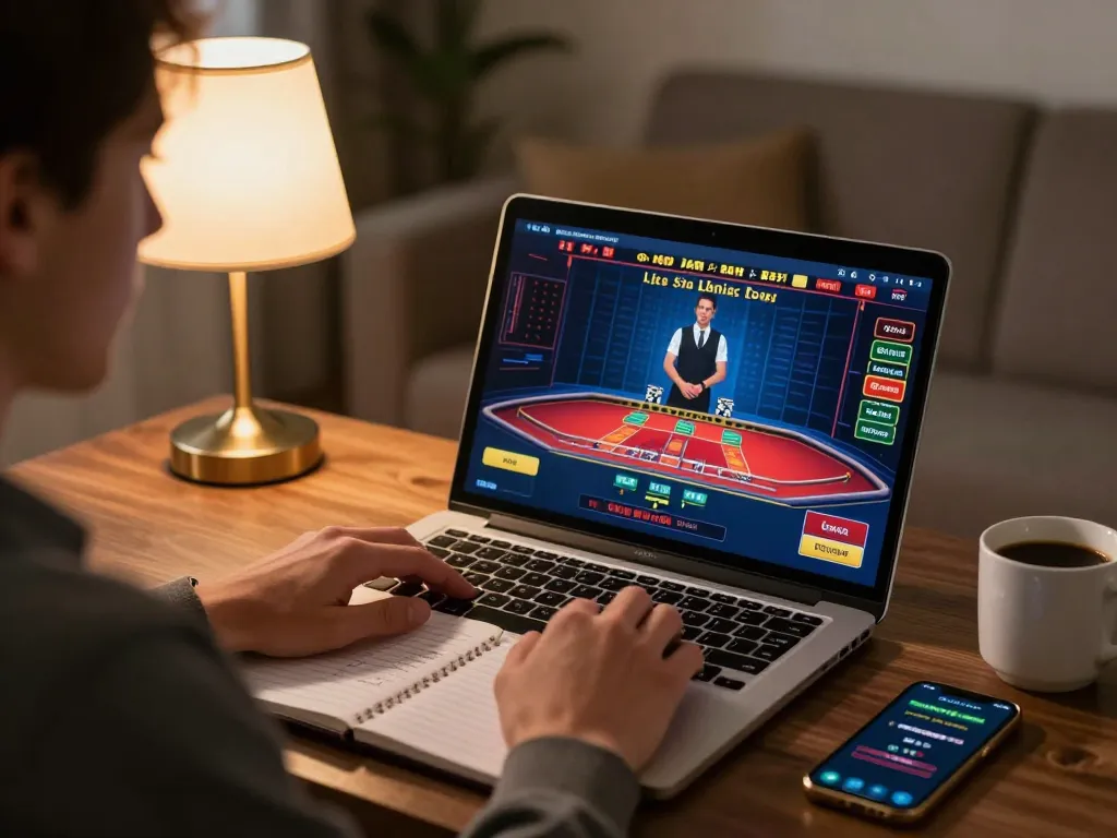 Engaged player at nhà cái bet88 enjoying live dealer game on laptop, reflecting strategic gaming.