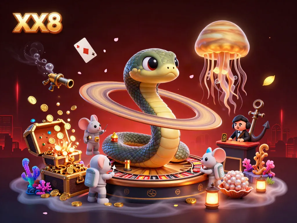 Experience the thrilling gambling world of XX8 with a coiled Saturn ring snake as a roulette wheel and astronaut mice betting.