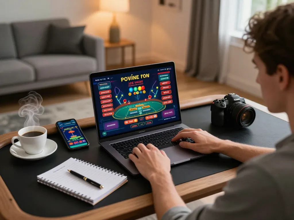 KUBET player engaging in live casino games on a laptop while enjoying a cozy home environment.