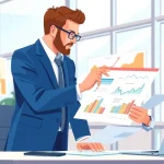 Business consultant discussing Unternehmensberatung strategies with clients amidst data analytics.