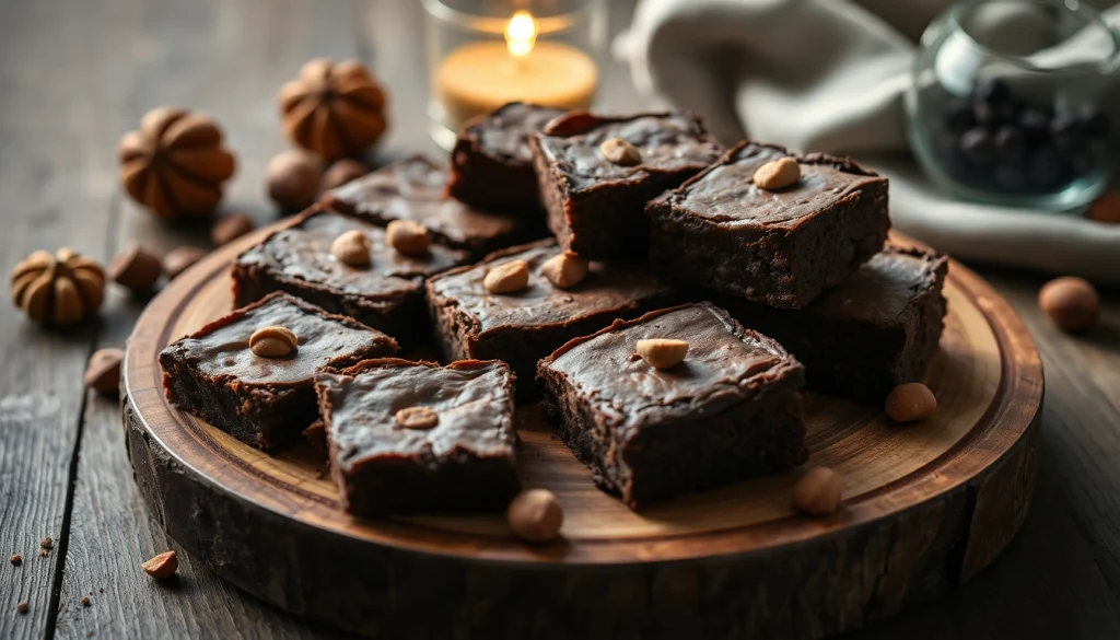 Leckere Hashbrownies auf einem Holzbrett, perfekt dekoriert mit Schokoladensoße und Nüssen.