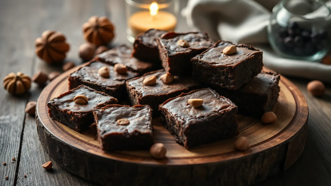 Leckere Hashbrownies auf einem Holzbrett, perfekt dekoriert mit Schokoladensoße und Nüssen.