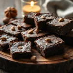 Leckere Hashbrownies auf einem Holzbrett, perfekt dekoriert mit Schokoladensoße und Nüssen.