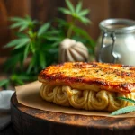 Leckere Haschkekse frisch gebacken, schön angerichtet auf einem Tisch mit Cannabisblättern für eine einladende Atmosphäre.
