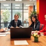 Professionelle Beratung bei Unternehmensberatung München; Berater diskutieren Dokumente in einem modernen Büro.