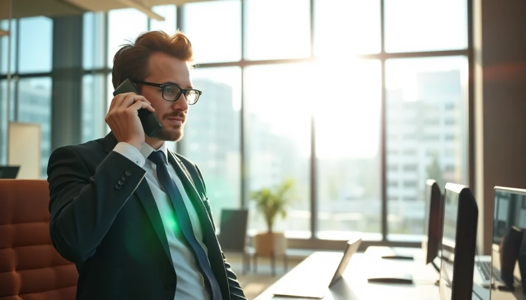 Headhunter in einem hellen Büro, engagiert in einem Telefonat mit Kandidaten.