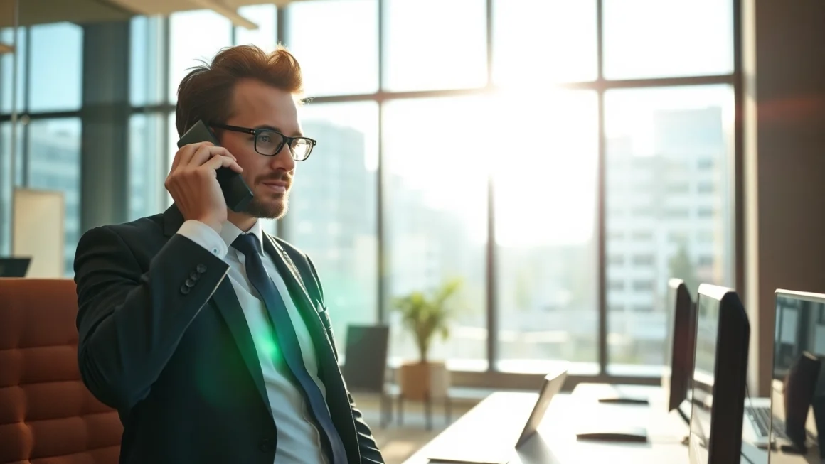 Headhunter in einem hellen Büro, engagiert in einem Telefonat mit Kandidaten.