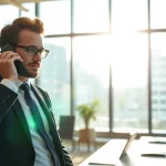 Headhunter in einem hellen Büro, engagiert in einem Telefonat mit Kandidaten.