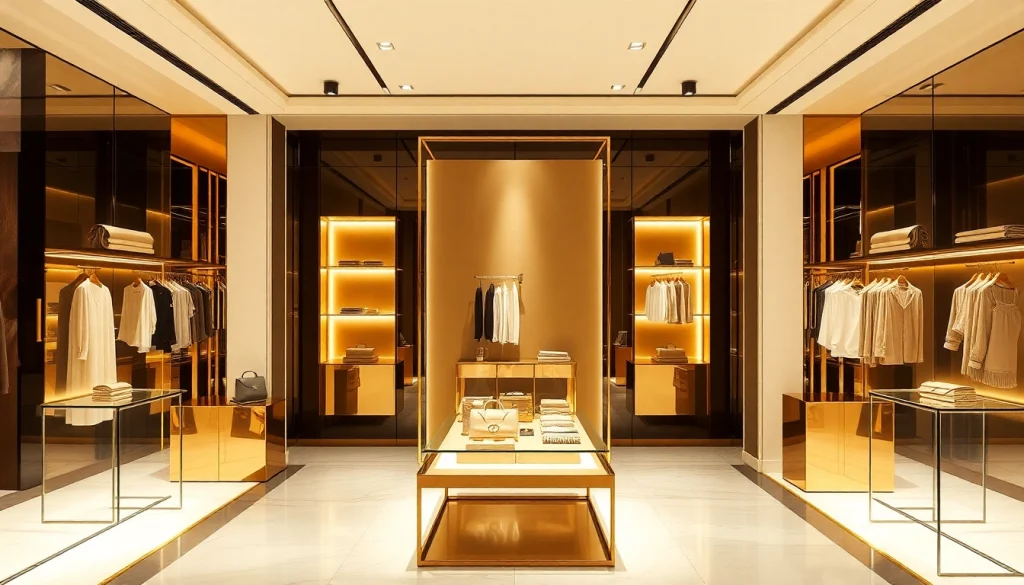 Luxury fashion items elegantly arranged in a warm-lit display, highlighting intricate details.