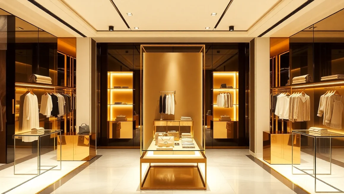 Luxury fashion items elegantly arranged in a warm-lit display, highlighting intricate details.