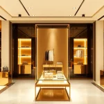 Luxury fashion items elegantly arranged in a warm-lit display, highlighting intricate details.