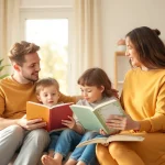 Kindererziehung in einer harmonischen Familie, die gemeinsam lernt und spielt.