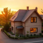 Erforschen Sie das ideale Zuhause beim Hauskauf in einem modernen, familienfreundlichen Wohngebiet am Sonnenuntergang.