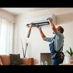 Technician installing Klimaanlagen installieren lassen in a modern living room with natural light.