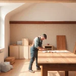 Erleben Sie die inspirierende Landschaft einer Hausrenovierung mit Handwerkern, die an modernen Wohnräumen arbeiten.