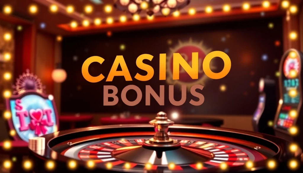 Informative Darstellung zum Casino Bonus mit bunten Slot-Symbolen und attraktiven Spielautomaten zur Förderung von Benutzerinteresse.