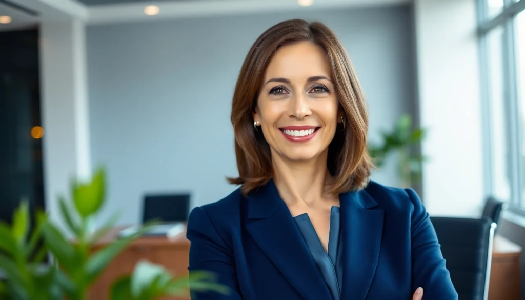 Create a striking ai professional photo of a businesswoman with a vibrant smile in a contemporary office.