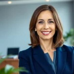 Create a striking ai professional photo of a businesswoman with a vibrant smile in a contemporary office.