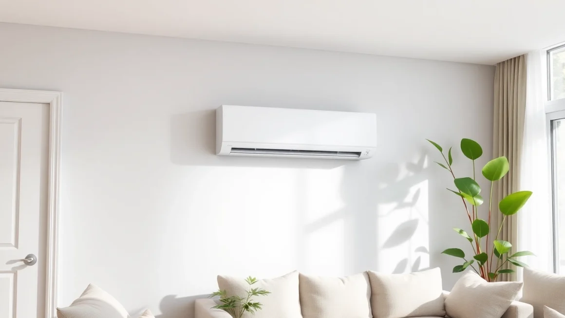 Klima installieren in einem modernen Wohnzimmer mit eleganter Klimaanlage an der Wand.