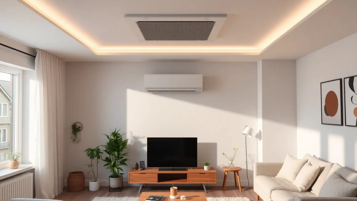 Die Installation einer Klimaanlage zeigt saubere, moderne Designs und einen angenehmen Raumkomfort.