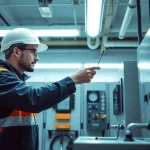 Electrician performing a DGUV V3 Prüfung to ensure safety compliance of electrical equipment.