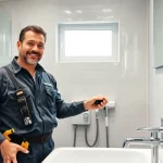 Effizienter Installateur Notdienst repariert ein Waschbecken in einem modernen Badezimmer.
