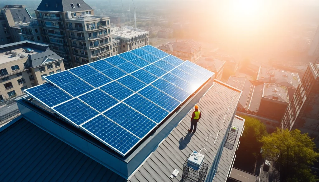 Fotografie eines Solar-Investments auf gepachteten Dachflächen mit modernen Solaranlagen und urbanem Hintergrund, der Nachhaltigkeit symbolisiert.