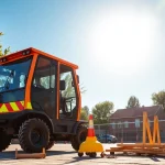 Bagger leihen Hannover: Minibagger auf einer lebhaften Baustelle in Hannover mit Sonnenlicht und grünem Umfeld.