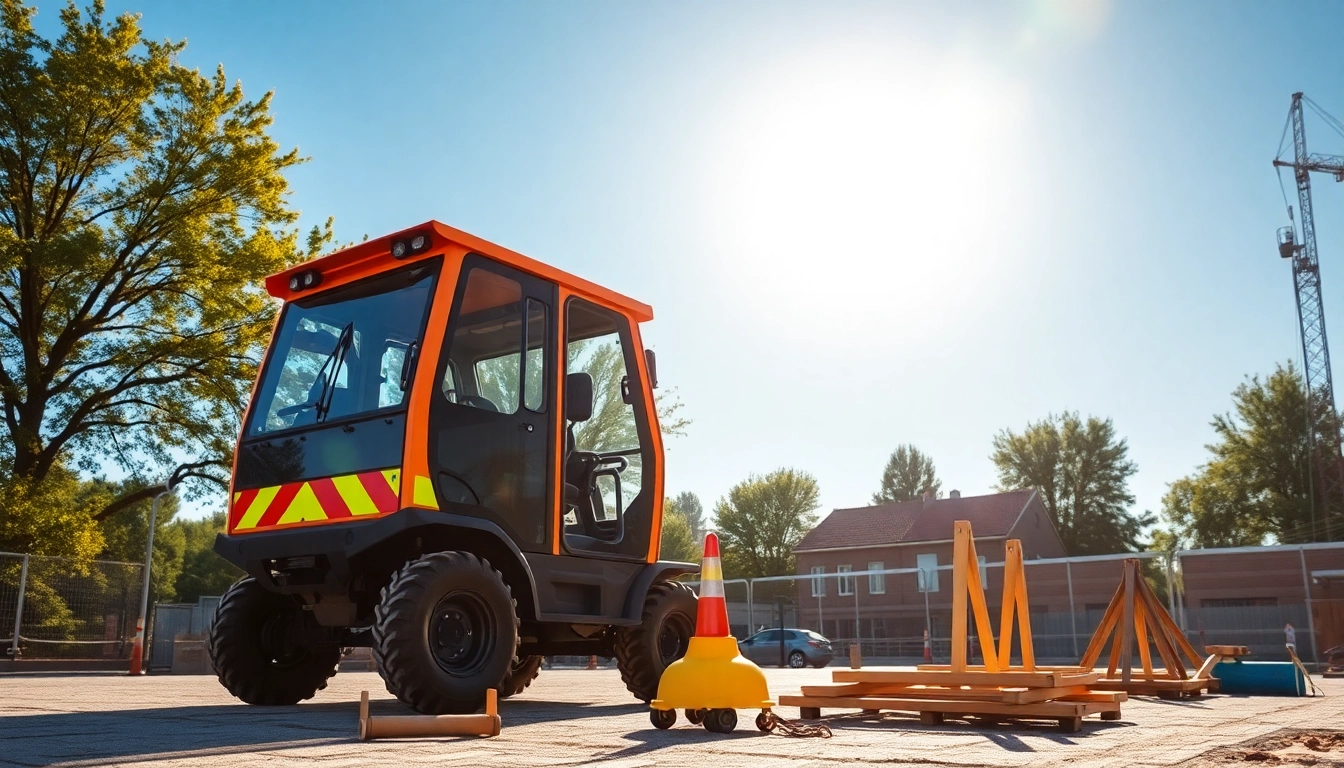 Bagger leihen Hannover: Minibagger auf einer lebhaften Baustelle in Hannover mit Sonnenlicht und grünem Umfeld.