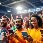 Exciting Bitcoin sports betting scene with diverse bettors placing bets and displaying cryptocurrency wallets.