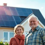 Glückliches Paar diskutiert ihre Solaranlage kaufen Erfahrungen vor einem modernen Haus mit Solarpanelen.