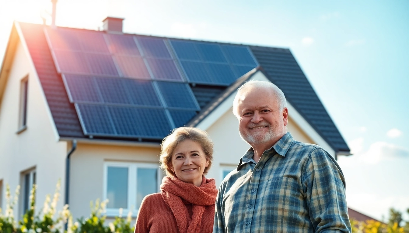 Glückliches Paar diskutiert ihre Solaranlage kaufen Erfahrungen vor einem modernen Haus mit Solarpanelen.