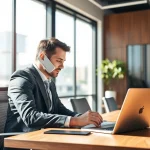Professioneller Headhunter führt Telefoninterview in modernem Büro.