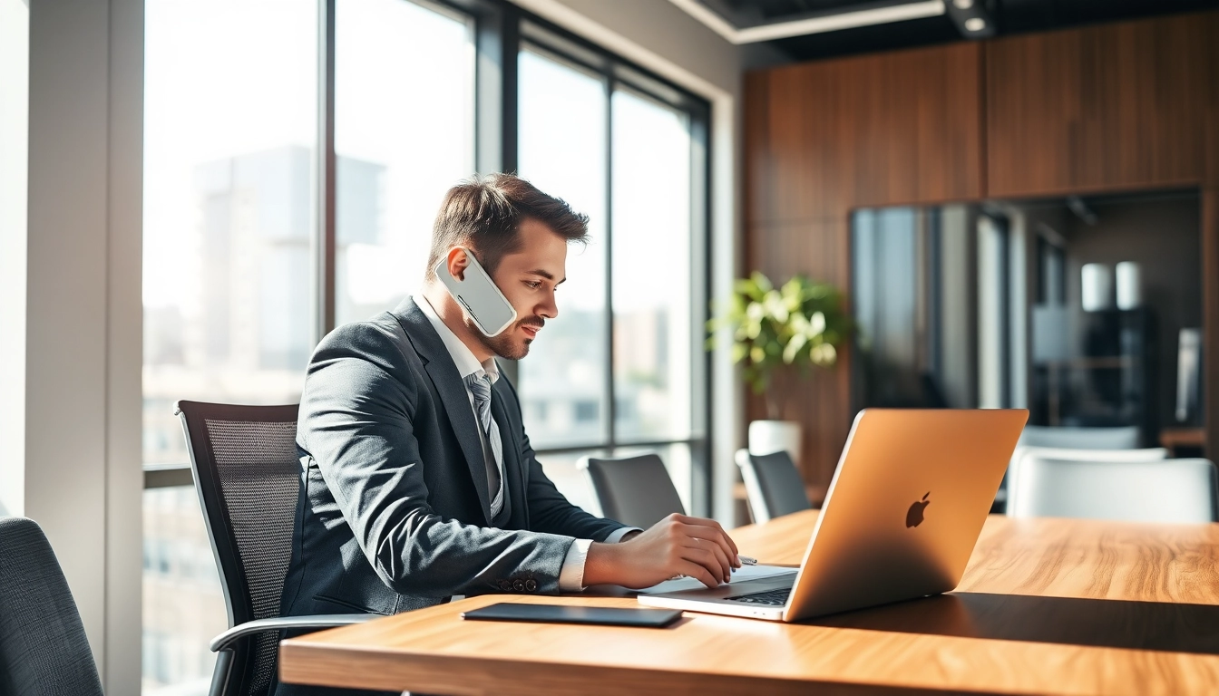 Professioneller Headhunter führt Telefoninterview in modernem Büro.