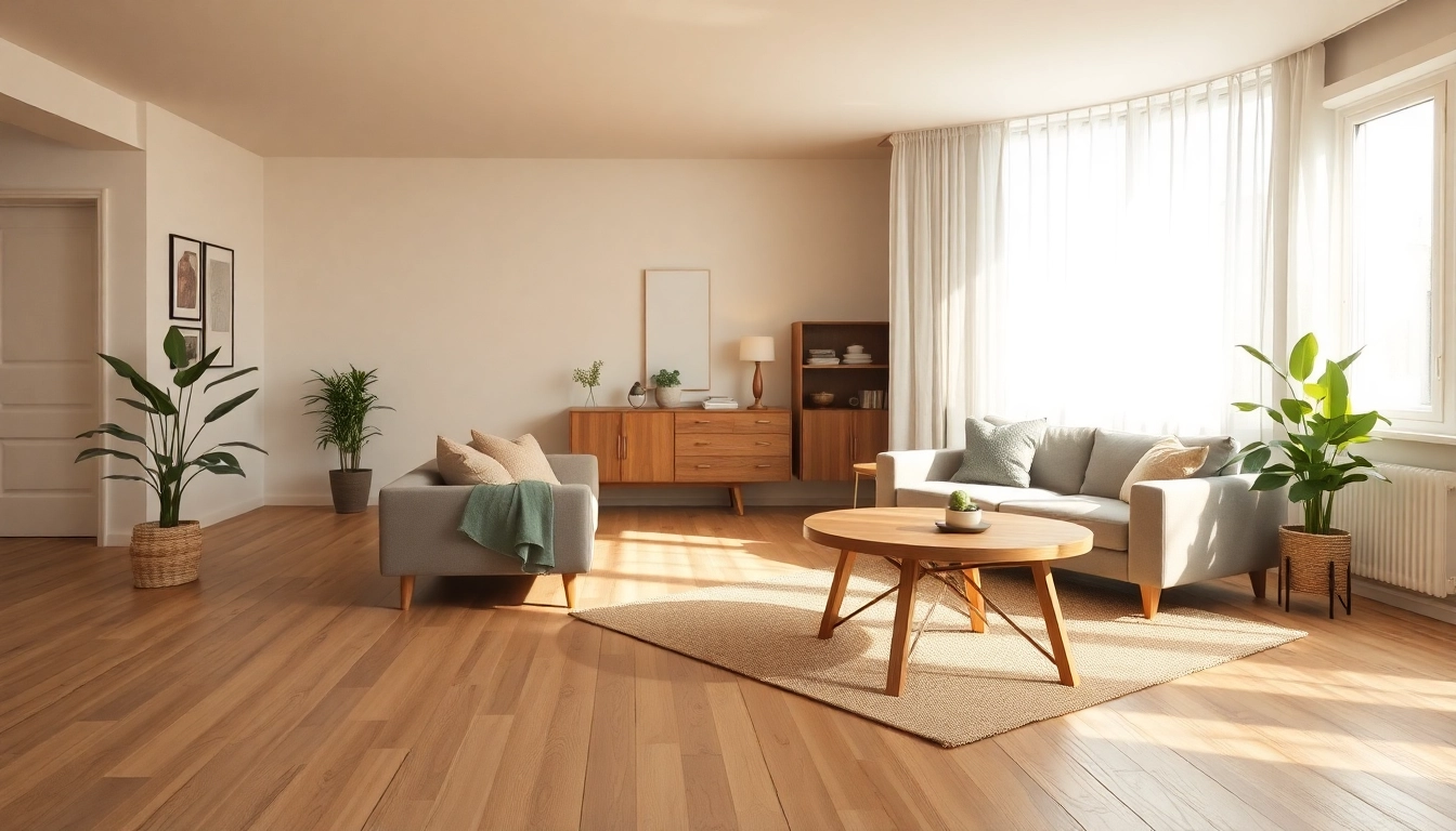 Raumgestaltung mit stilvollem Wohnzimmer, warmen Farben und natürlichem Licht für eine einladende Atmosphäre.