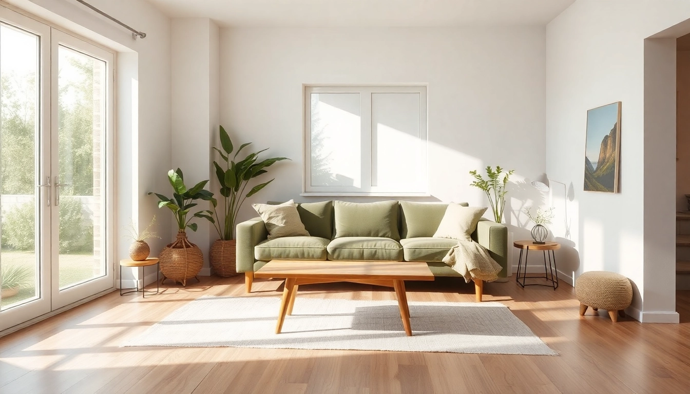 Moderne Raumgestaltung mit einem hellen und einladenden Wohnzimmer, eingerahmt von großen Fenstern und sanften Farben.