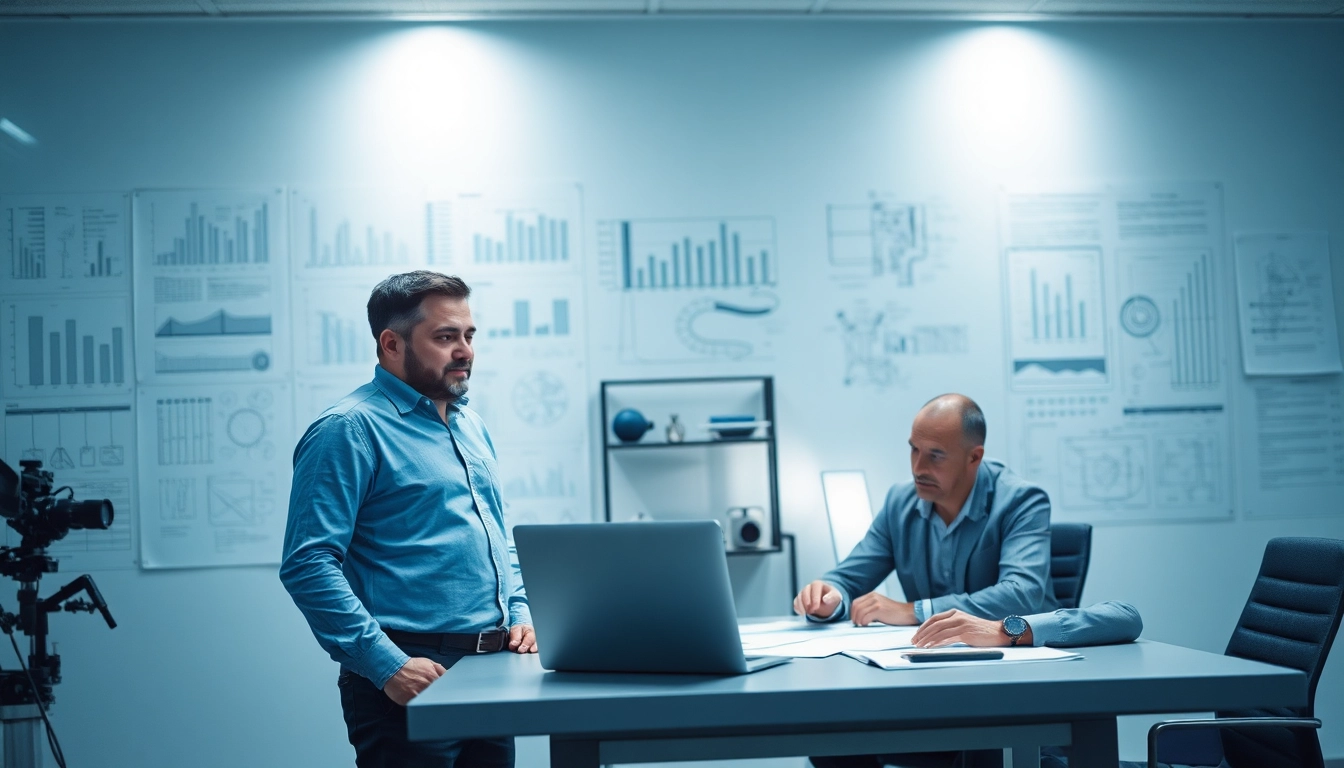 Headhunter Ingenieure in einem modernen Büro, bei der Zusammenarbeit mit einem Ingenieur an einem Tisch.
