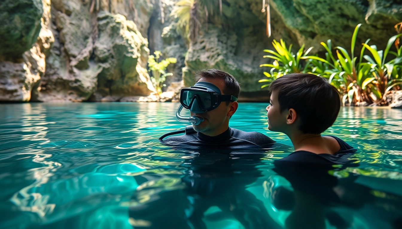 TauchKurs Mexiko: Ein Lehrer zeigt einem Schüler das Tauchen in klarem, türkisfarbenem Wasser.