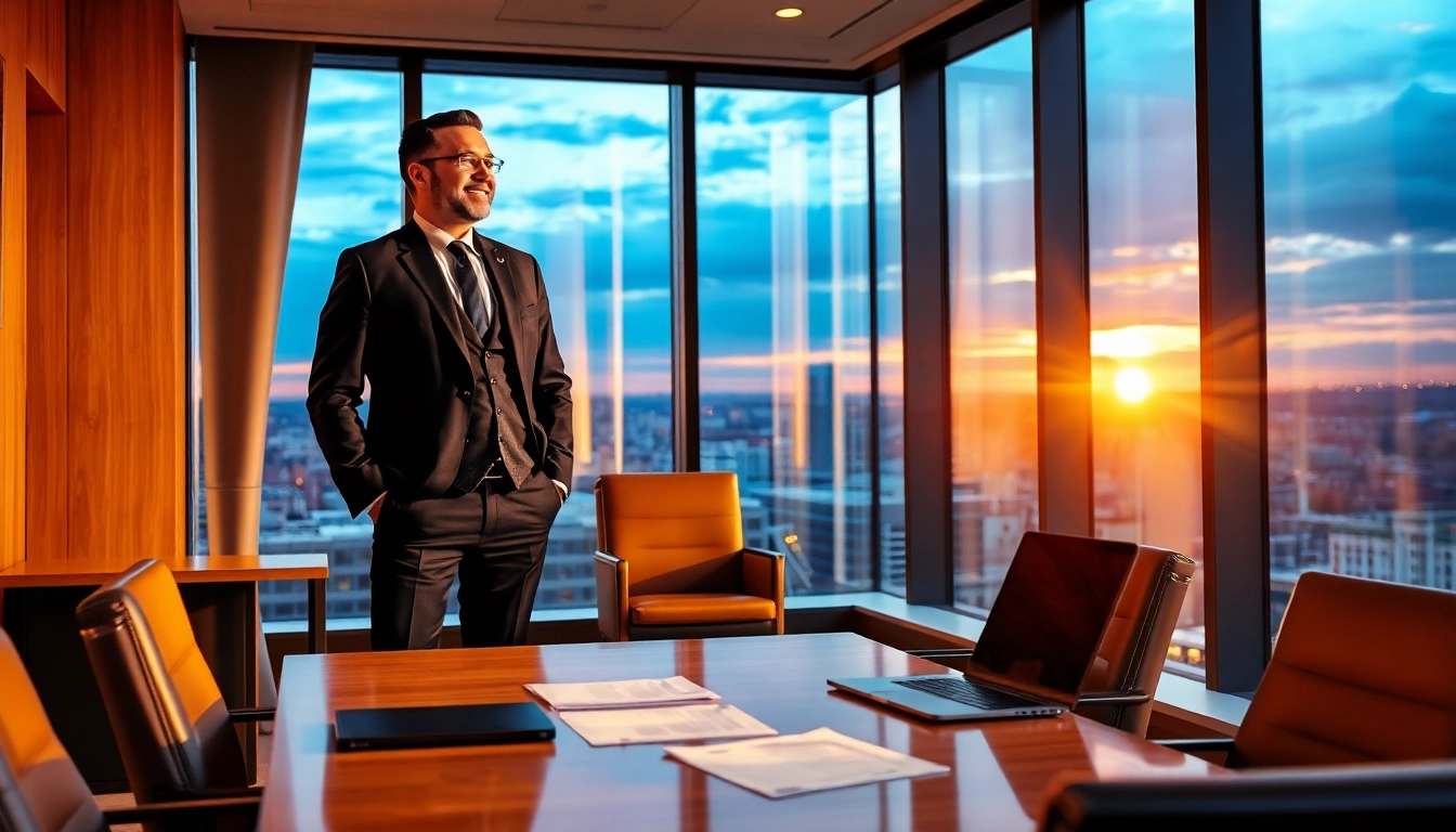 Headhunter CEO steht selbstbewusst in einem modernen Büro mit Blick auf die Stadt.