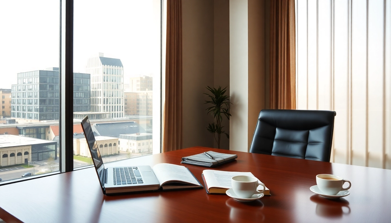 Erleben Sie Headhunter Wiesbaden in einem modernen Büroaufbau mit einem eleganten Schreibtisch und Stadtansicht.