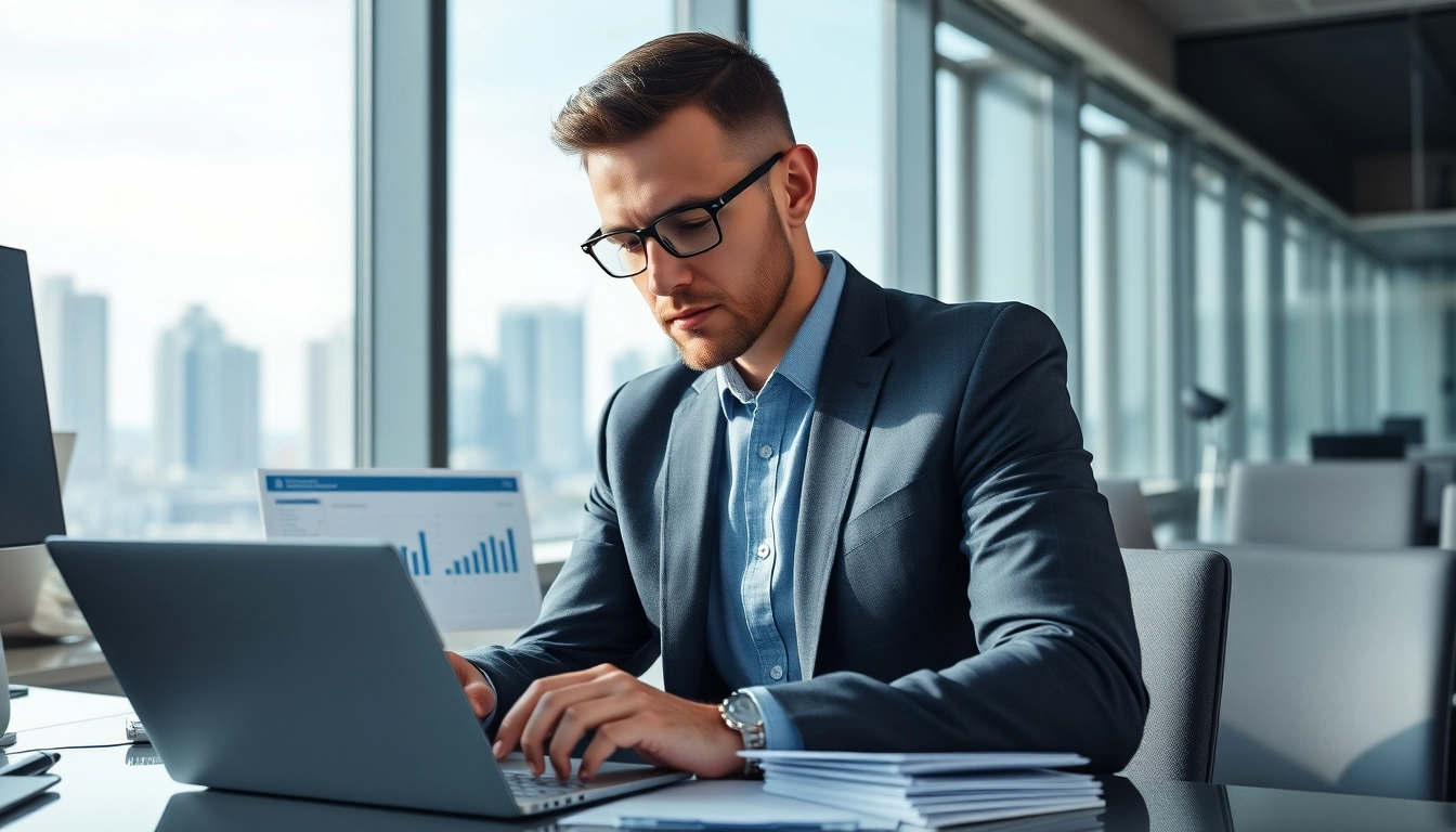 Der Headhunter IT analysiert Kandidatenprofile an einem Laptop im modernen Büro.