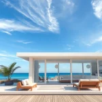 Genießen Sie einen entspannenden Aufenthalt im Küsten-Cabana mit tropischen Pflanzen und Meerblick.