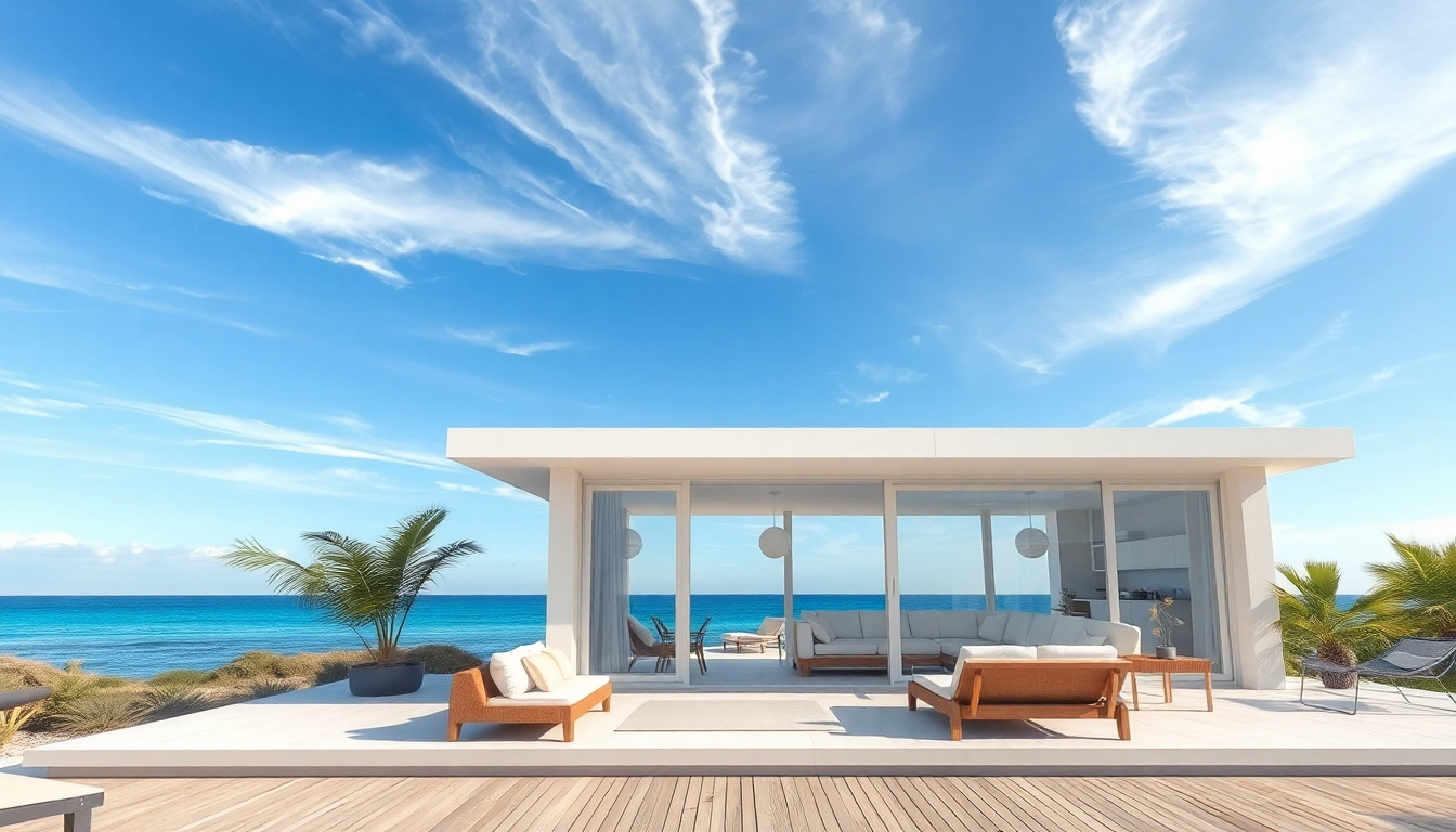 Genießen Sie einen entspannenden Aufenthalt im Küsten-Cabana mit tropischen Pflanzen und Meerblick.