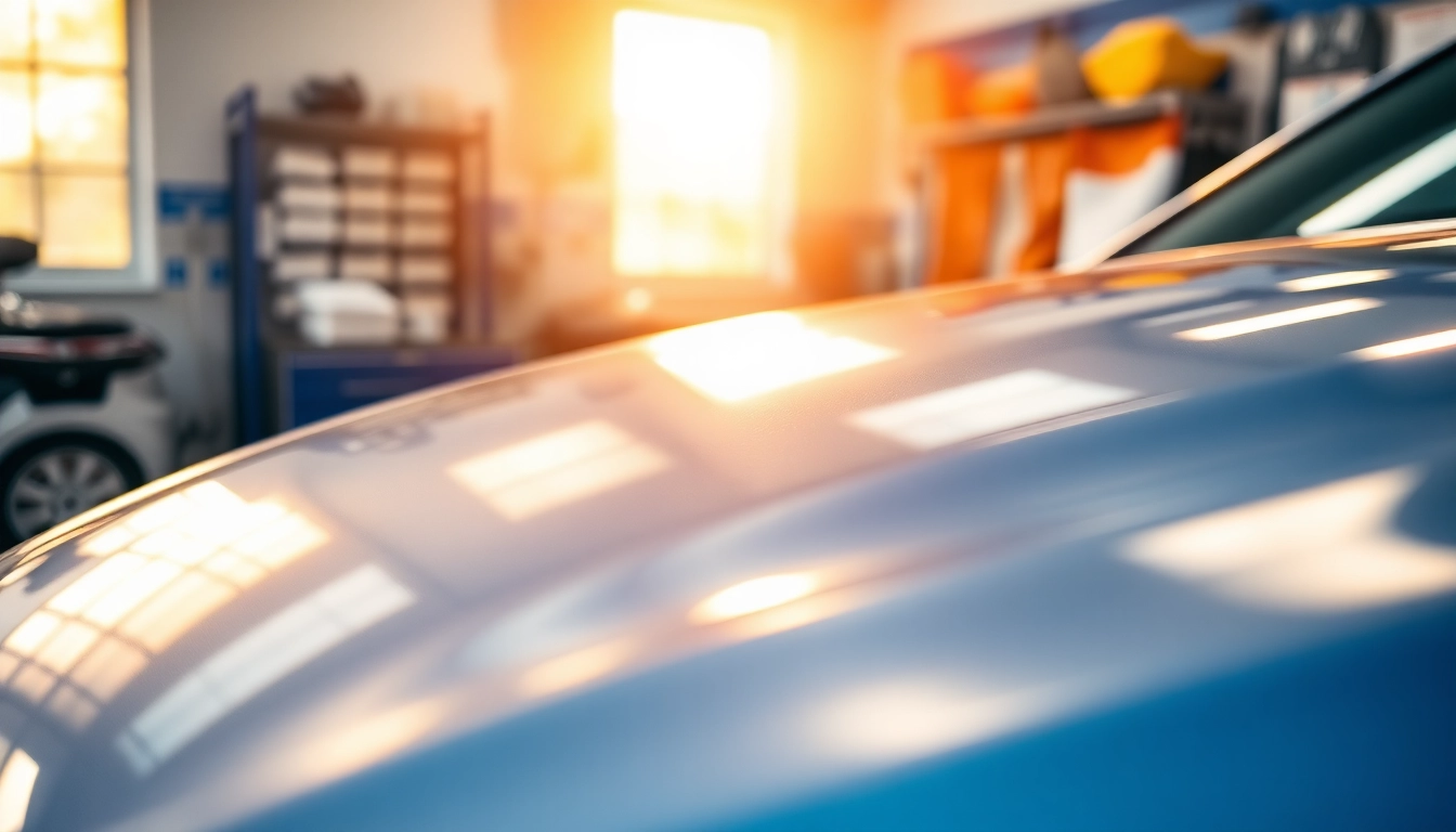 Autopolitur kaufen: Glänzendes Auto in heller Werkstatt mit Politurprodukten.