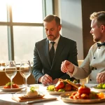 Headhunter Gastronomie berät talentierten Koch in stilvollem Gourmet-Restaurant mit eleganten Gerichten.
