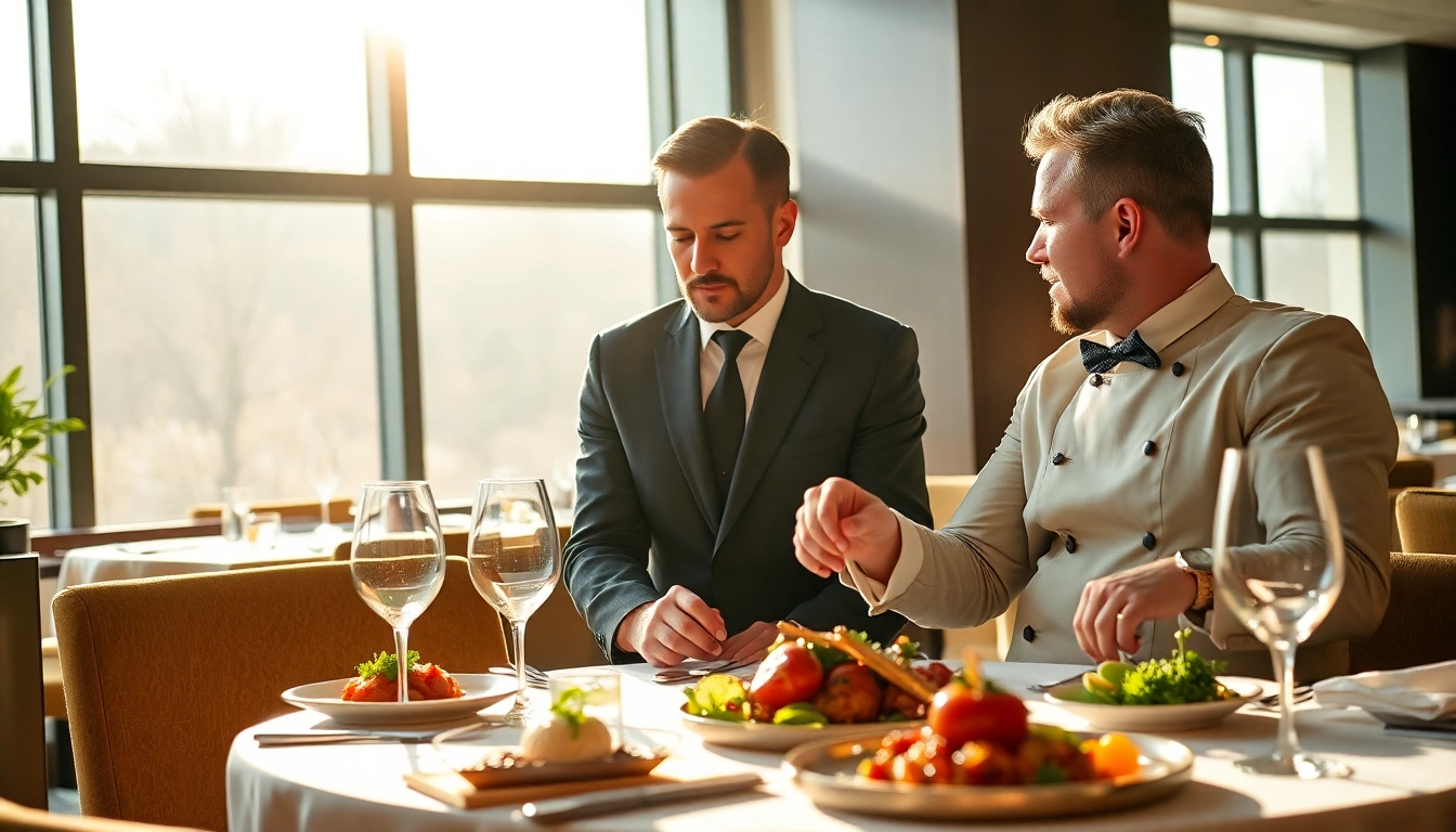 Headhunter Gastronomie berät talentierten Koch in stilvollem Gourmet-Restaurant mit eleganten Gerichten.