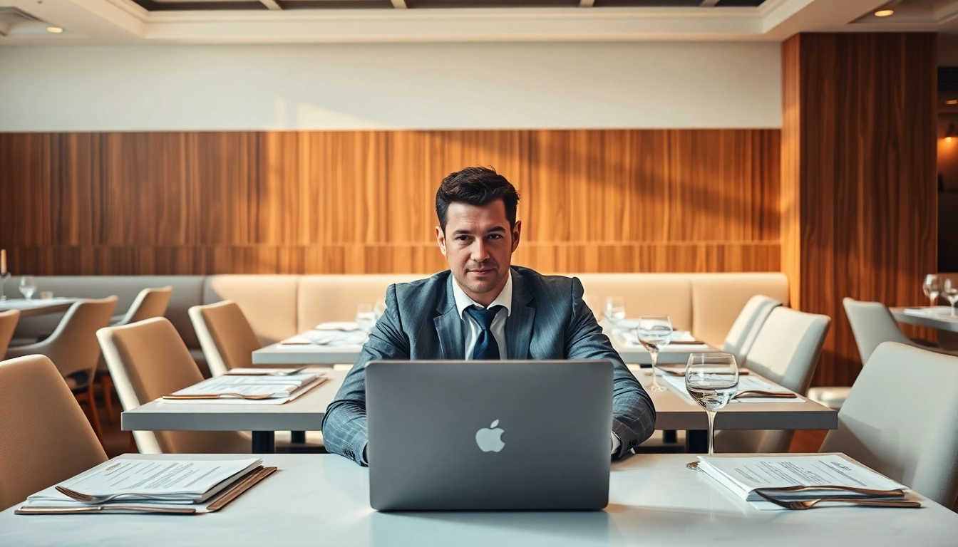 Headhunter Gastronomie: Professioneller Headhunter in stilvollem Restaurant-Umfeld, umgeben von Bewerbungsunterlagen.