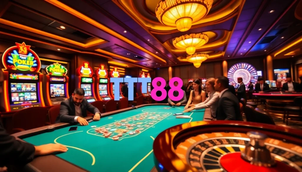 Experience thrilling gameplay with TT88 logo glittering on poker chips in a luxurious casino.