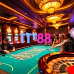 Experience thrilling gameplay with TT88 logo glittering on poker chips in a luxurious casino.